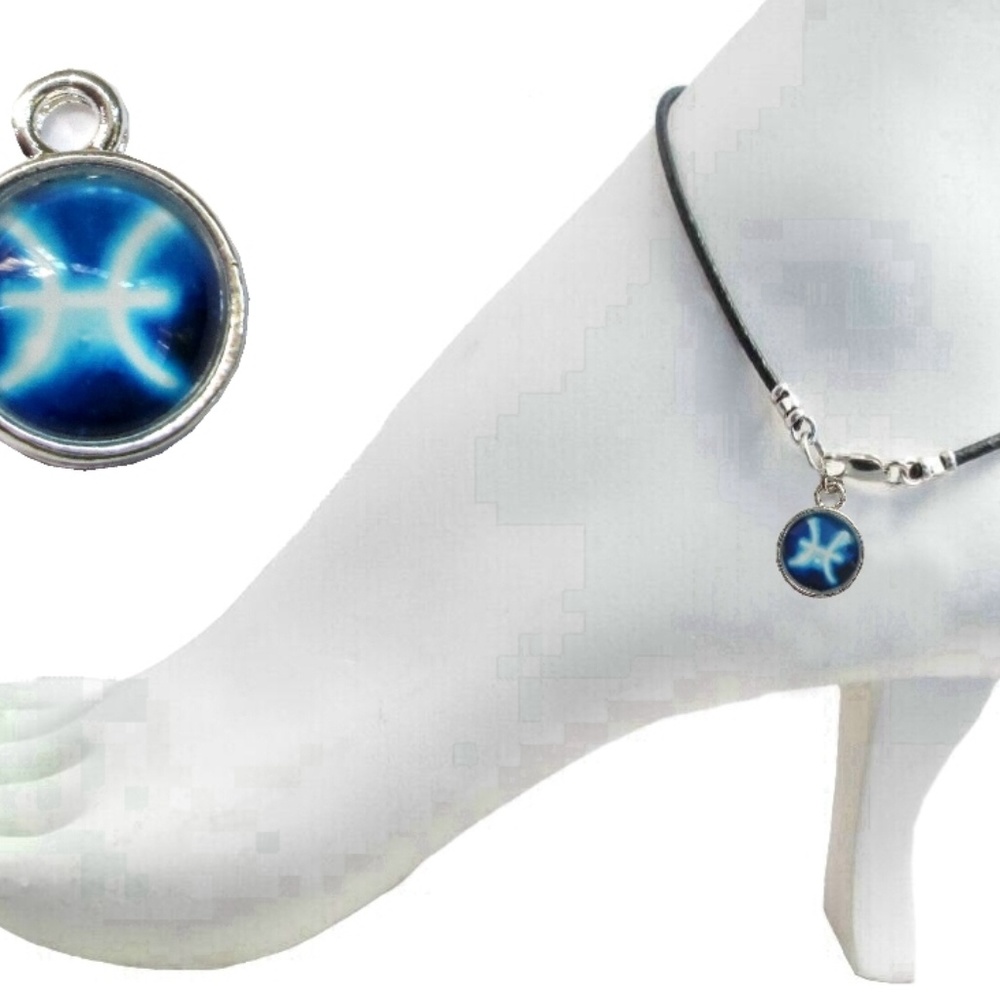 Black Leather Anklet ~  Pisces Zodiac Sign